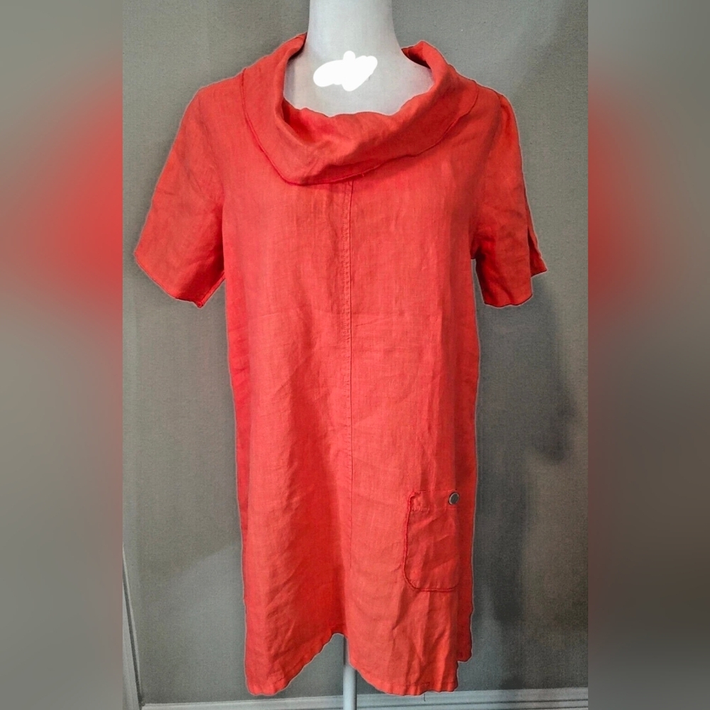 Patchington 100% Linen Shirt Dress Cowl Neck Coral Pink Lagenlook Boho Bohemian
